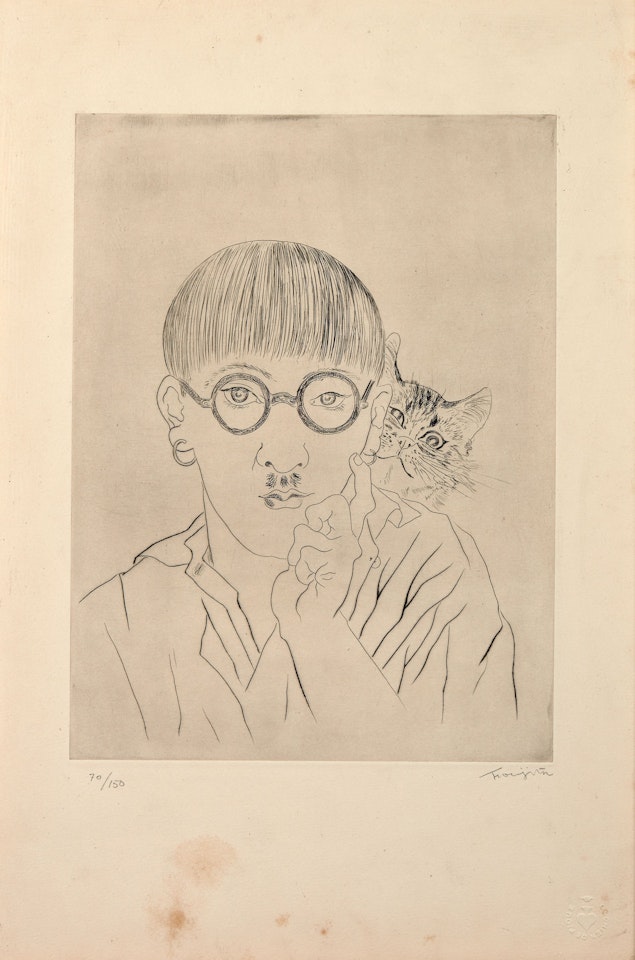 Autoportrait le chat sur l"épaule; Buisson 27.02 by Leonard Tsuguharu Foujita