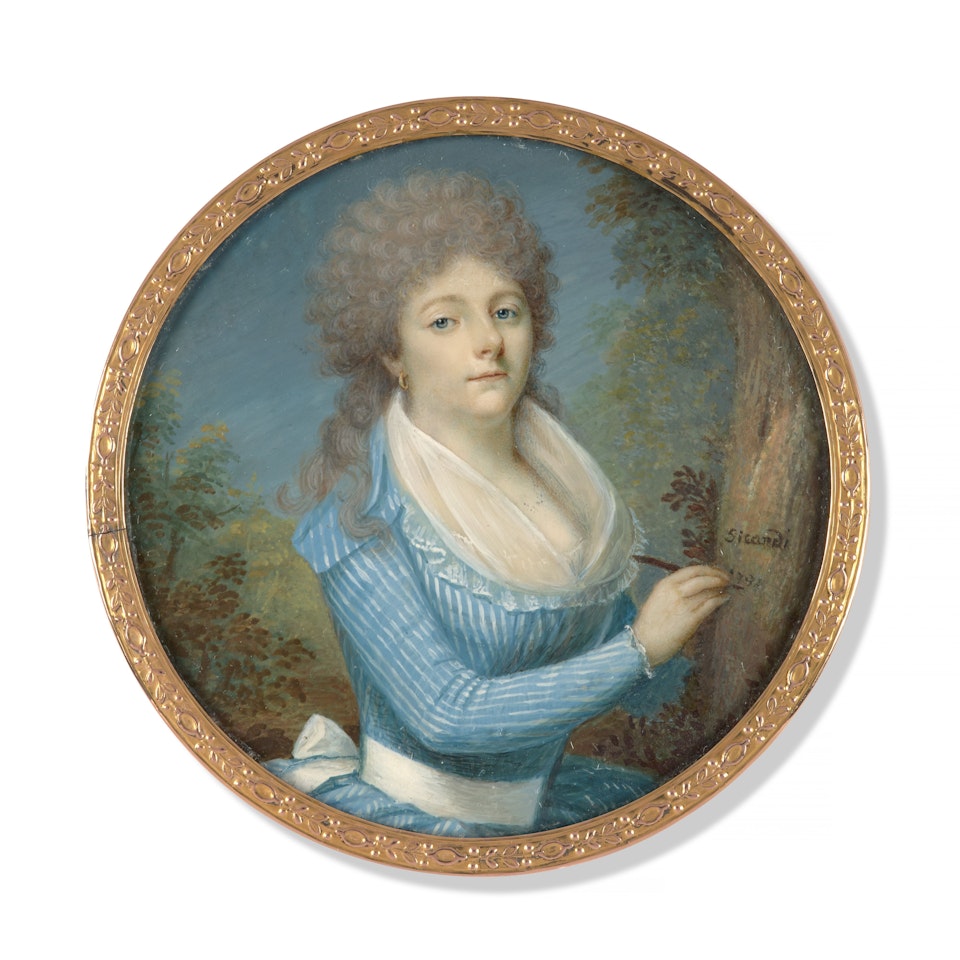 Portrait of a young lady in a blue dress, in a landscape, by French School