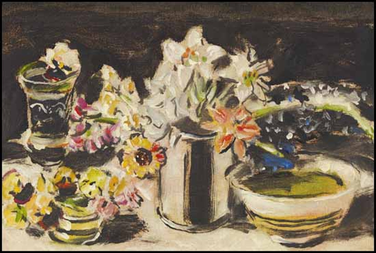 A Few Pansies and Delphiniums III by David Brown Milne