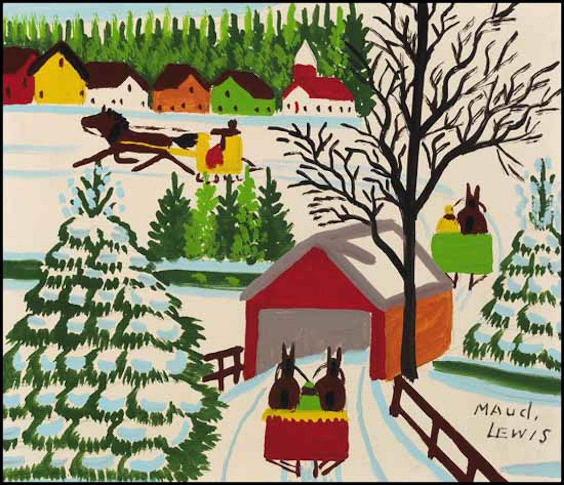 Sleighs and Covered Bridge by Maud Lewis