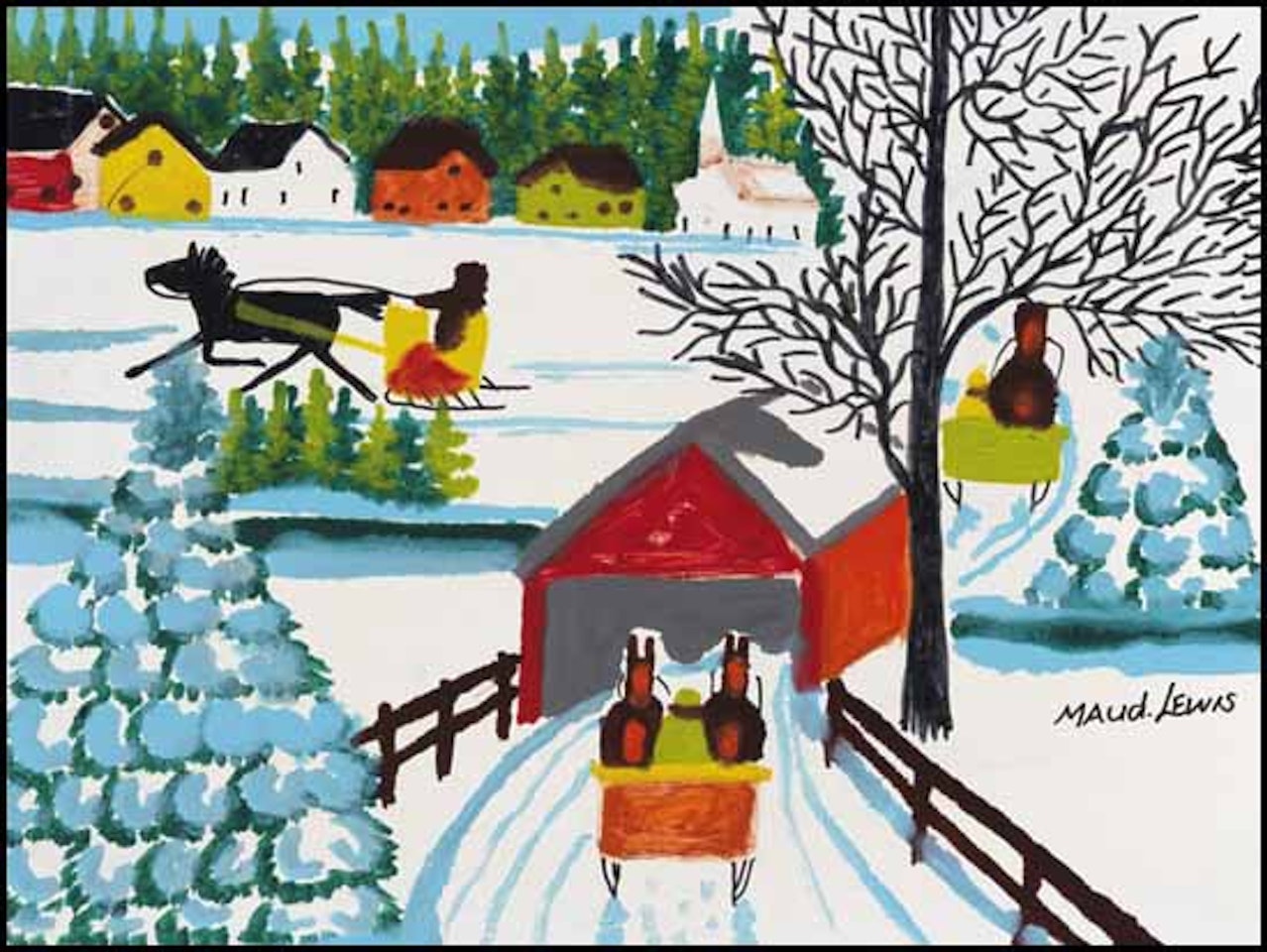 Sleigh and Covered Bridge by Maud Lewis