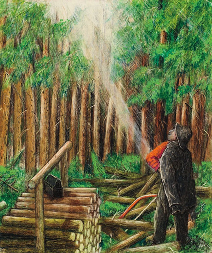 Newfie Woodsman Doffing Rainwear by William Kurelek