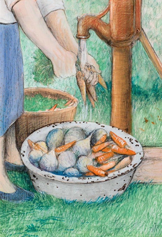 Rinsing Vegetables Under Pump by William Kurelek