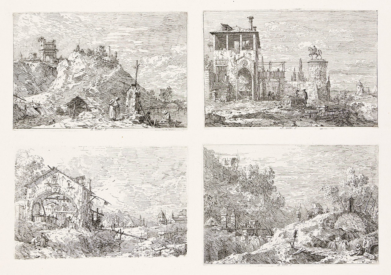 Group of 4 etchings; Mountain Landscape with Five Bridges by Canaletto