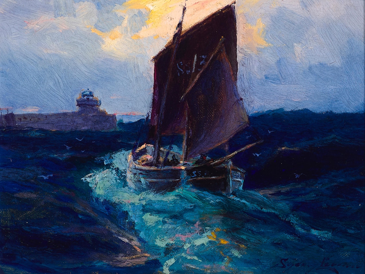 Sailboat Approaching a Military Vessel by Sydney Mortimer Laurence
