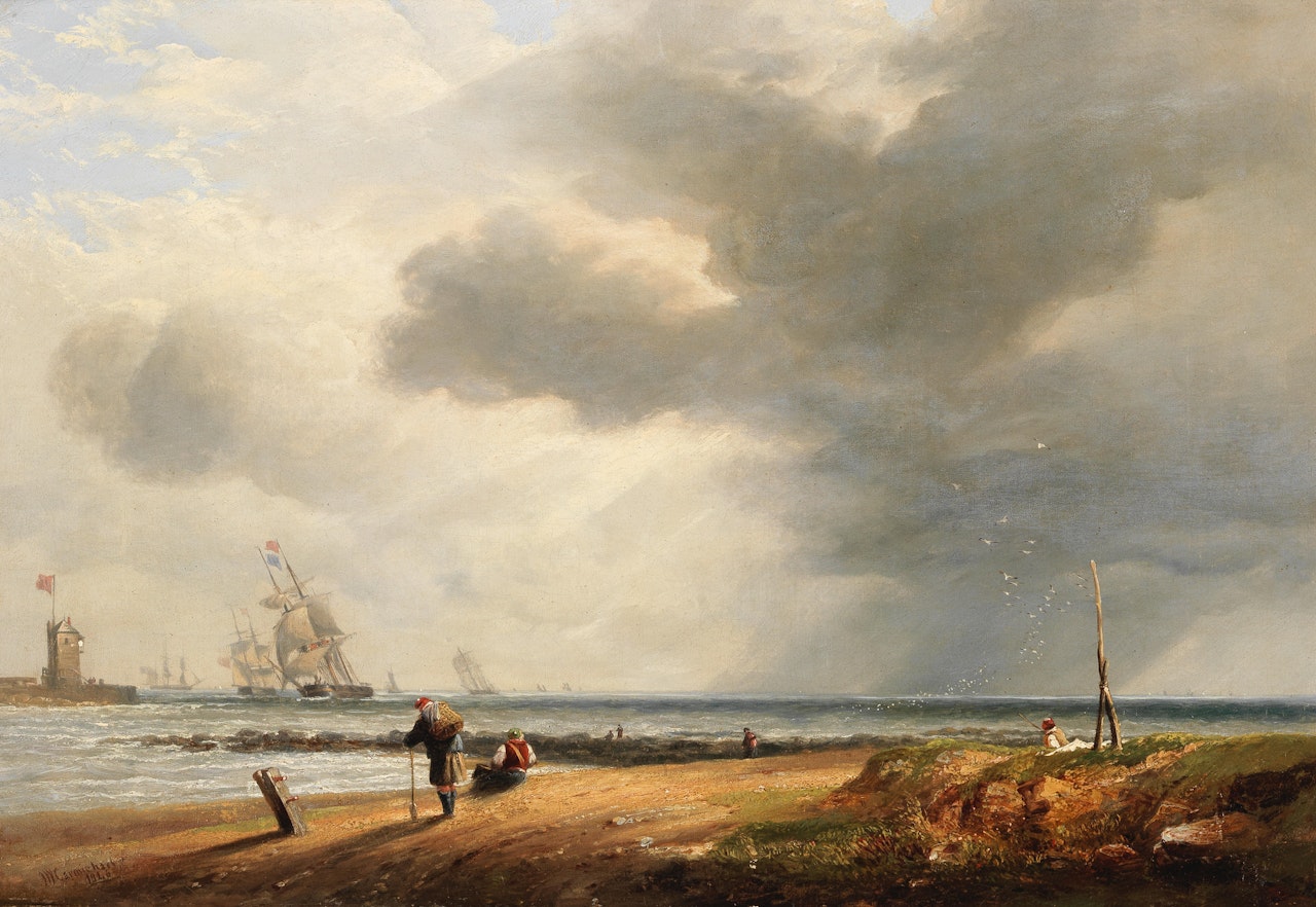 Dutch shipping off the coast with fishermen on the shore by John Wilson Carmichael