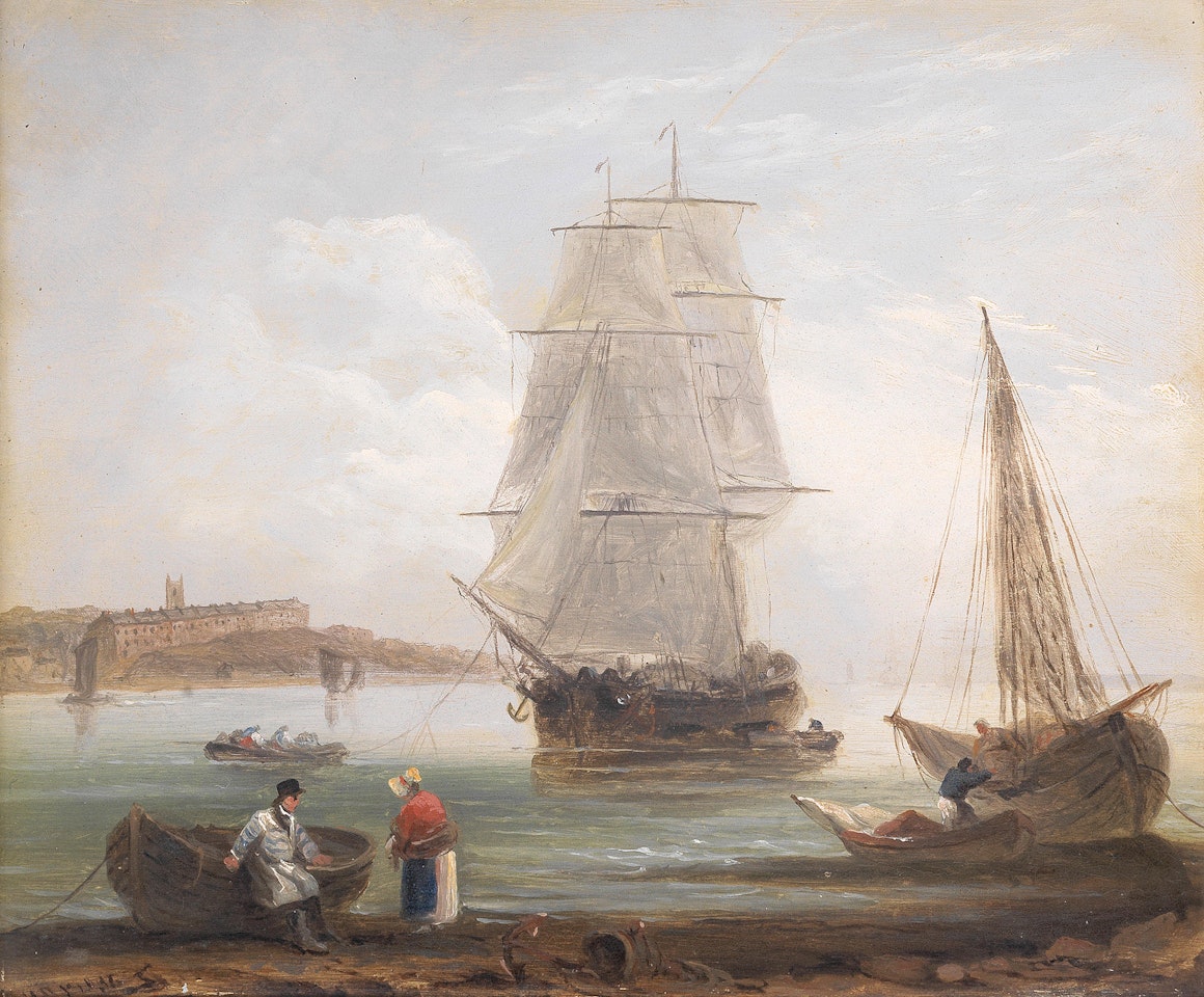 A trading brig unloading cargo off the coast near Brixham by Thomas Luny