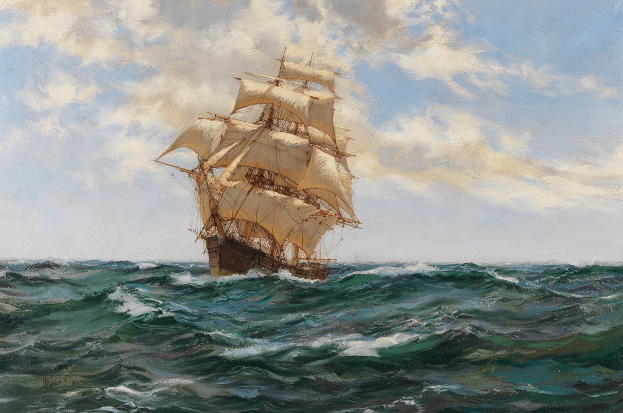 "Summer Clouds" - The American Clipper Asterion running before the wind on the open ocean by Montague Dawson