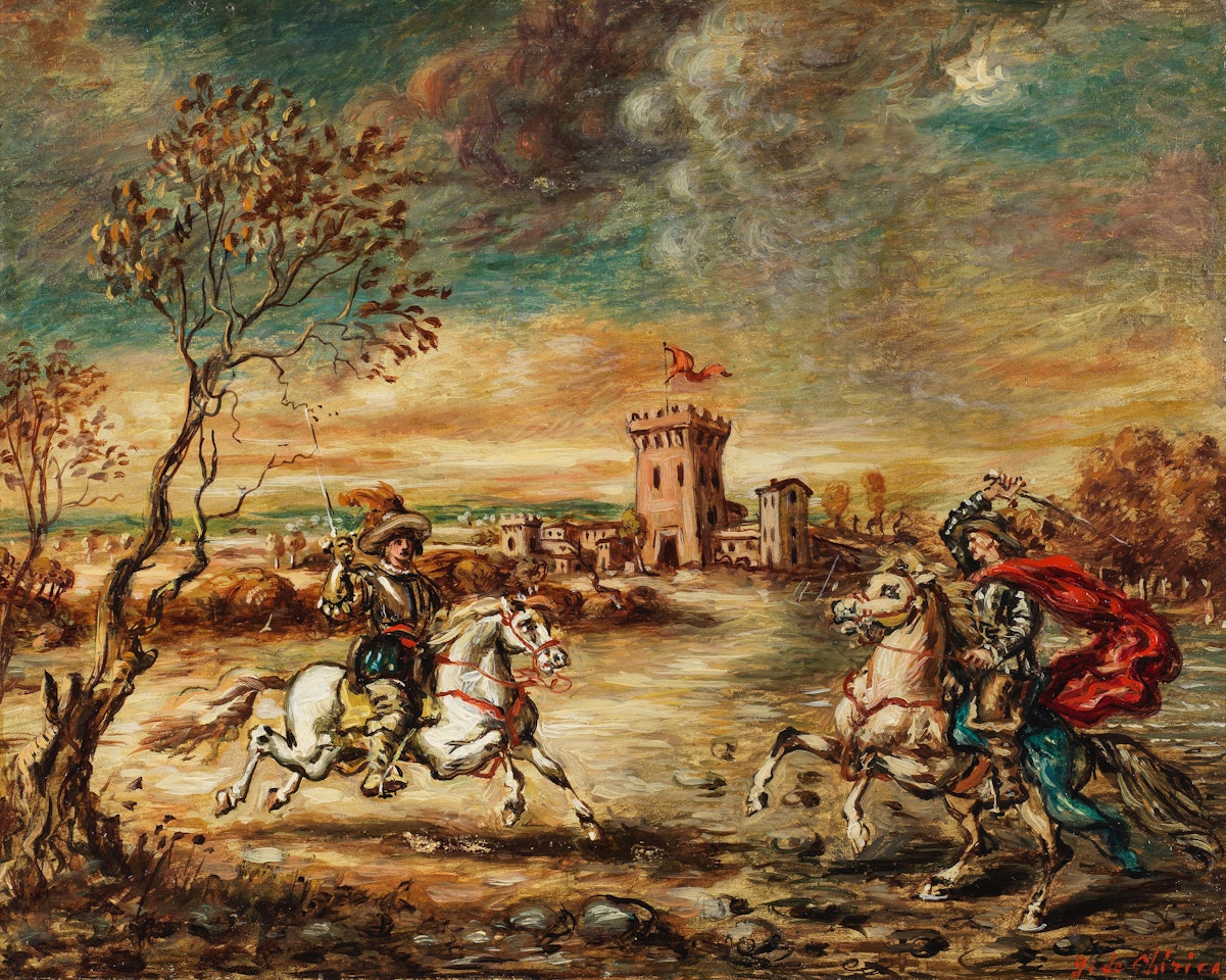 Combattimento di cavalieri nel paesaggio con castello by Giorgio de Chirico
