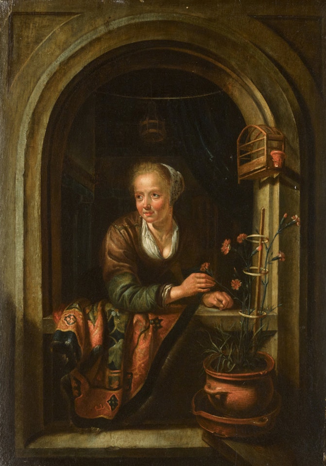 A girl with a pot of pinks at a window by Dutch School