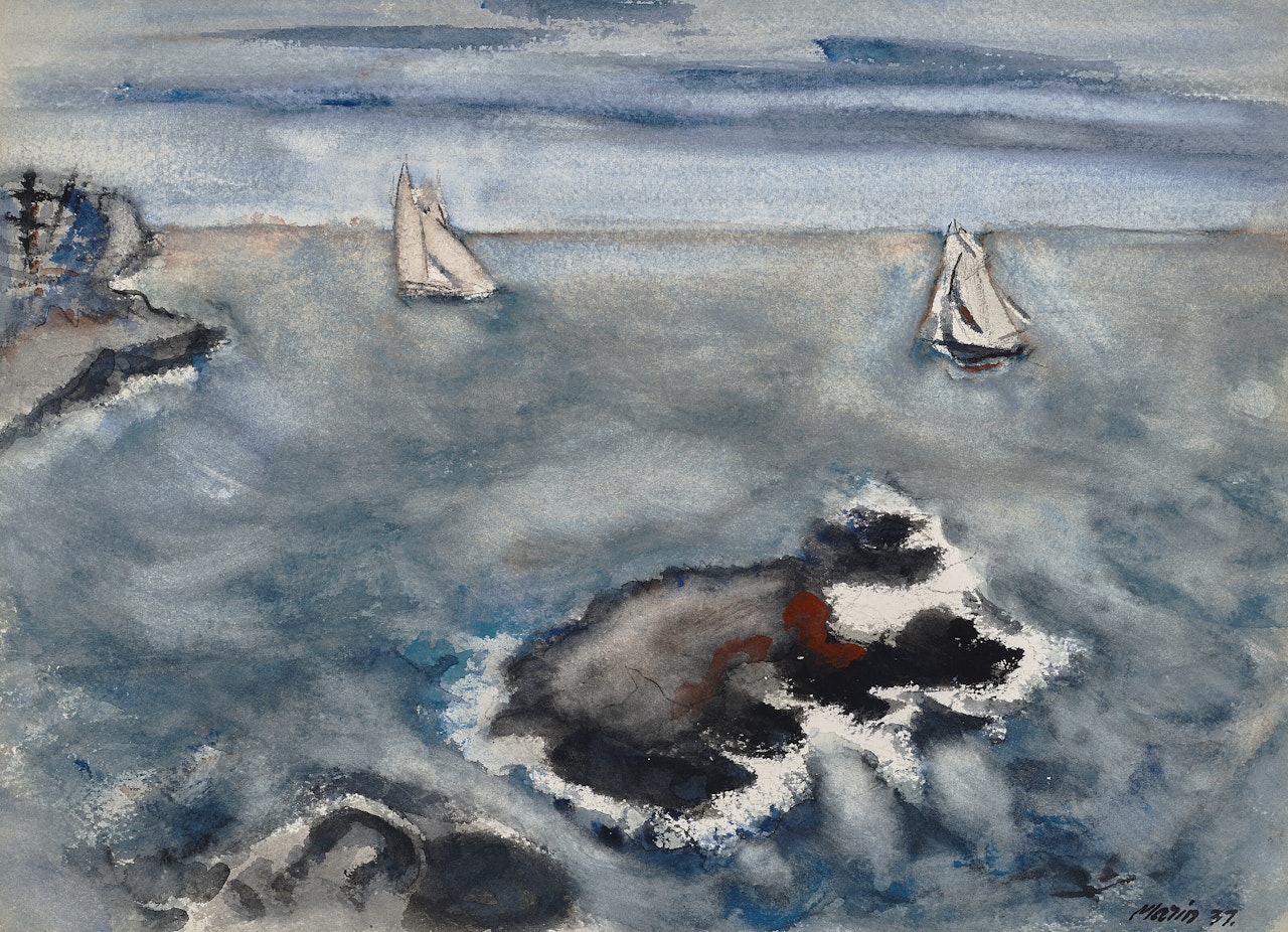 Two Little Boats and Grey Sea, Cape Split, Maine by John Marin