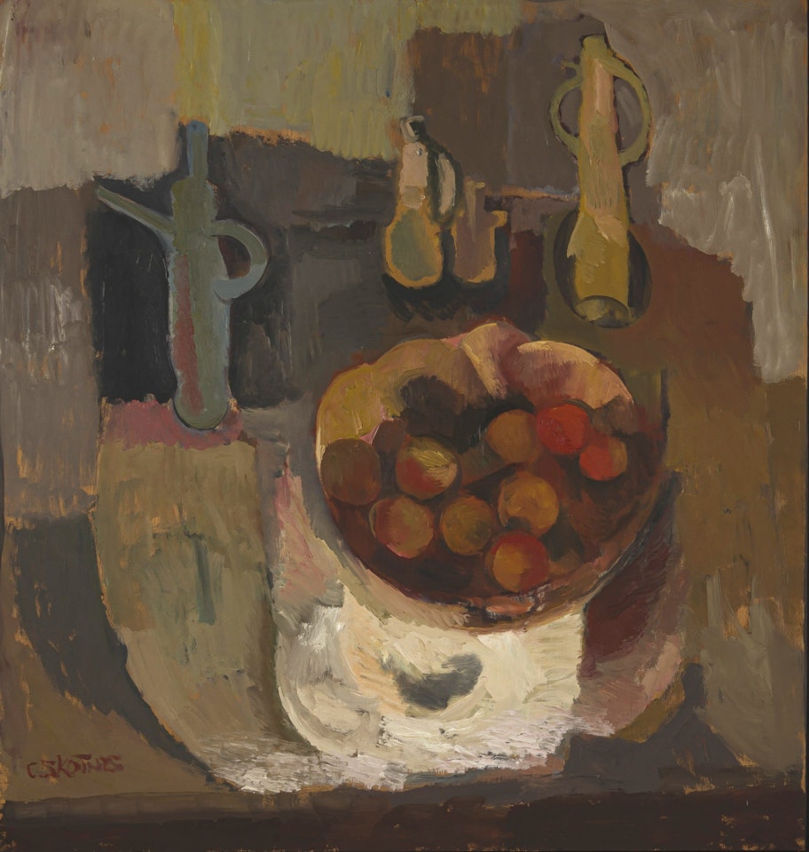 Still Life with Peaches in a Bowl and Vessels on a Table by Cecil Skotnes