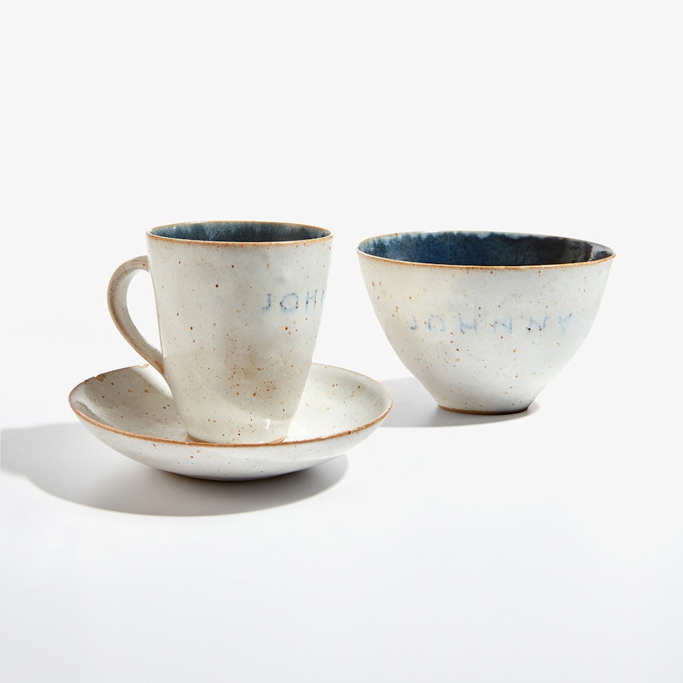"Johnny" bowl and "Johnny" cup and saucer by Lucie Rie