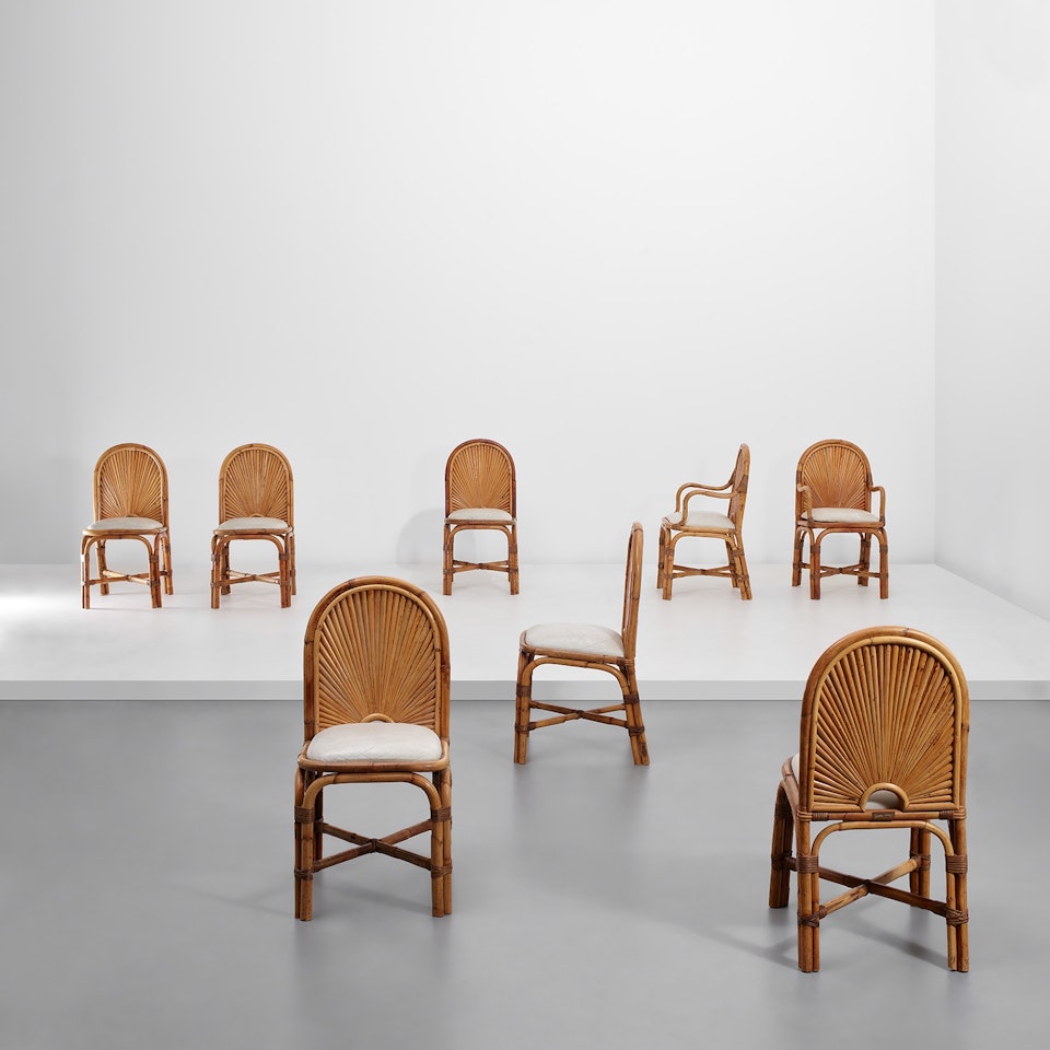 Set of eight dining chairs, from the "Rising Sun" series by Gabriella Crespi