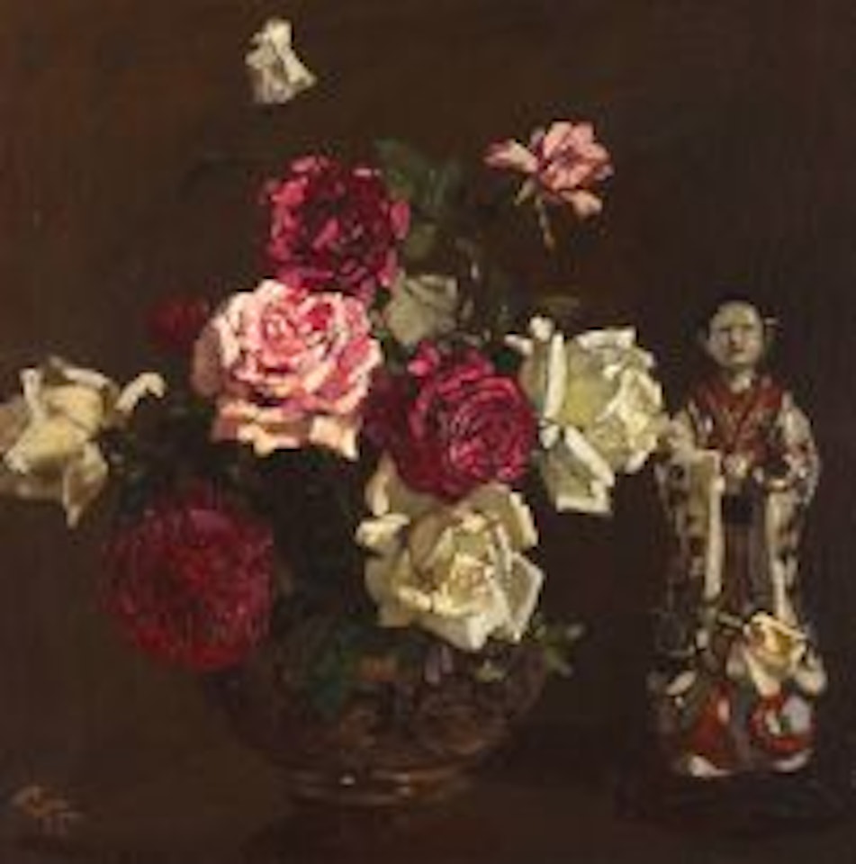 Still Life of Roses with Porcelain Mandarin by Robert Gwelo Goodman