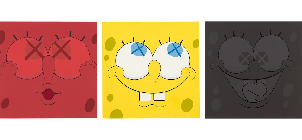 Three Works: KAWSBOB (i) (Red); (ii) (Yellow); (iii) (Black) by Kaws
