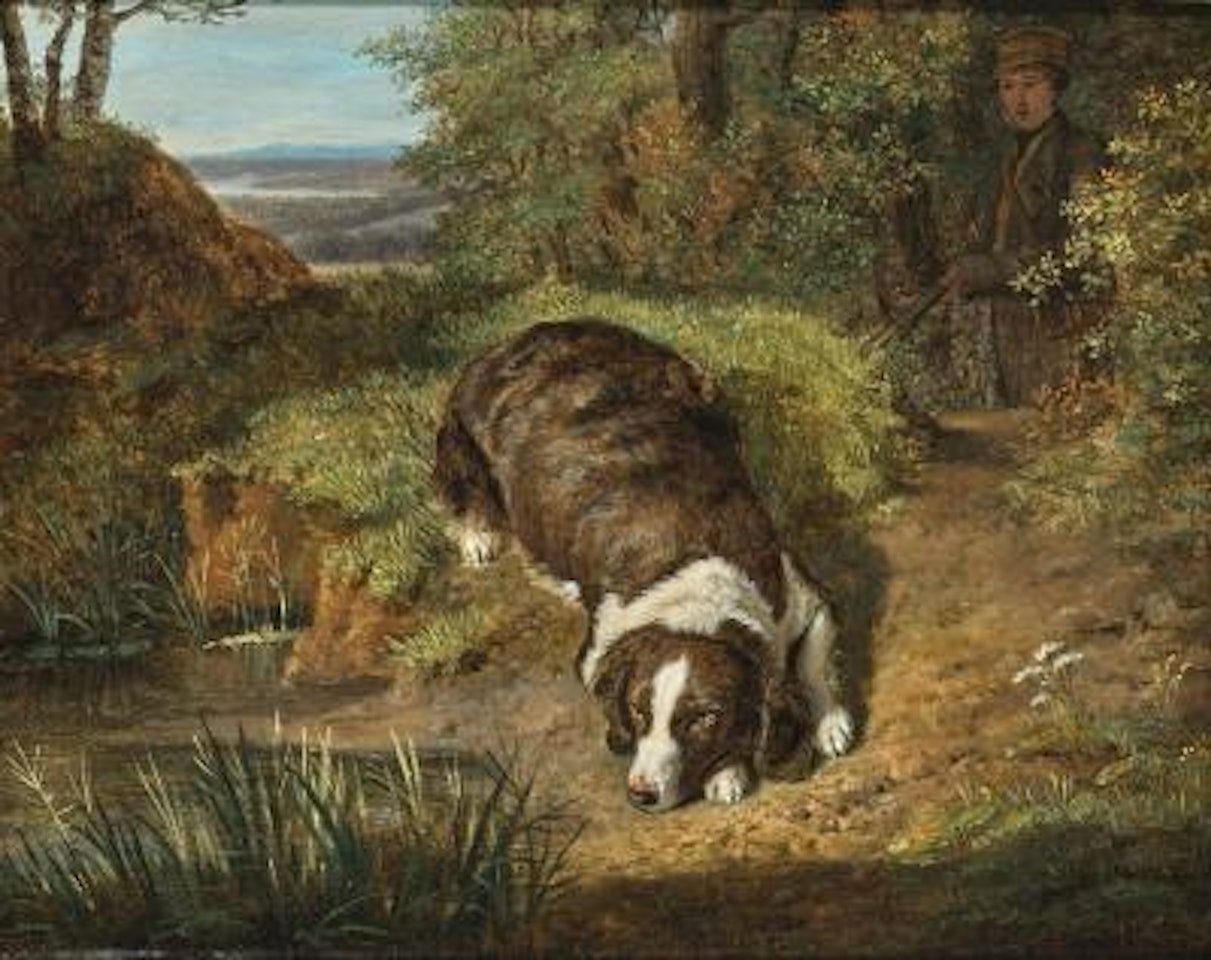 Count Esterházy"s Hunting Dog Lying by a Creek, with Count Esterházy in a Raised Hide in the Background by Ferdinand Georg Waldmüller