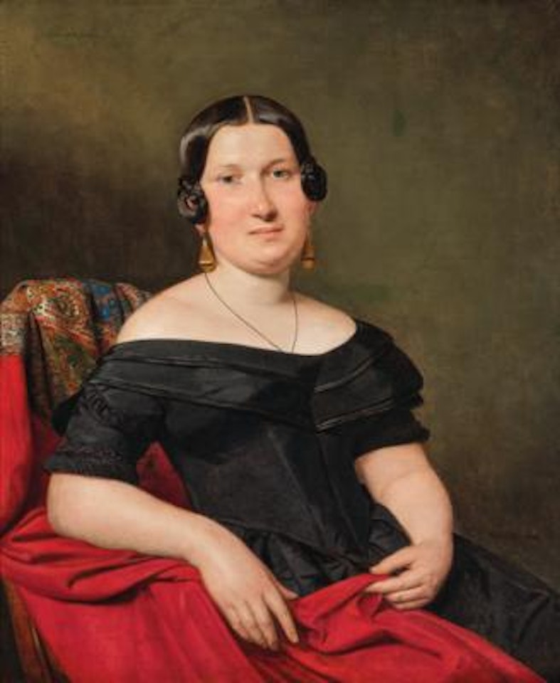 A Lady in a Black Dress and Vermilion Cashmere Shawl by Ferdinand Georg Waldmüller