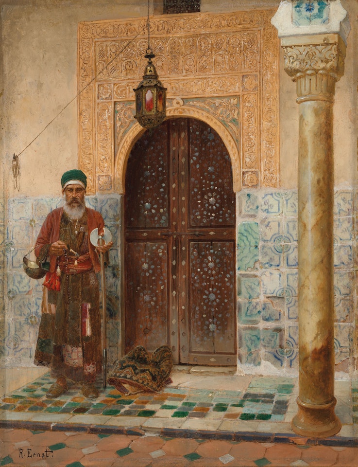 A holy man by an entrance by Rudolf Ernst