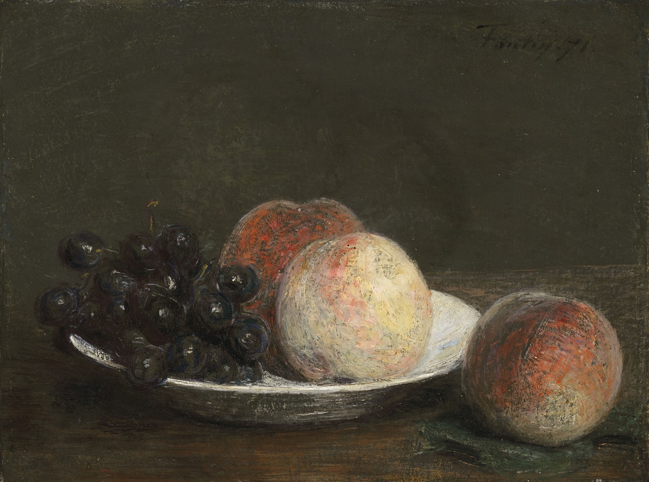 Peaches and grapes in a porcelain bowl by Henri Fantin-Latour