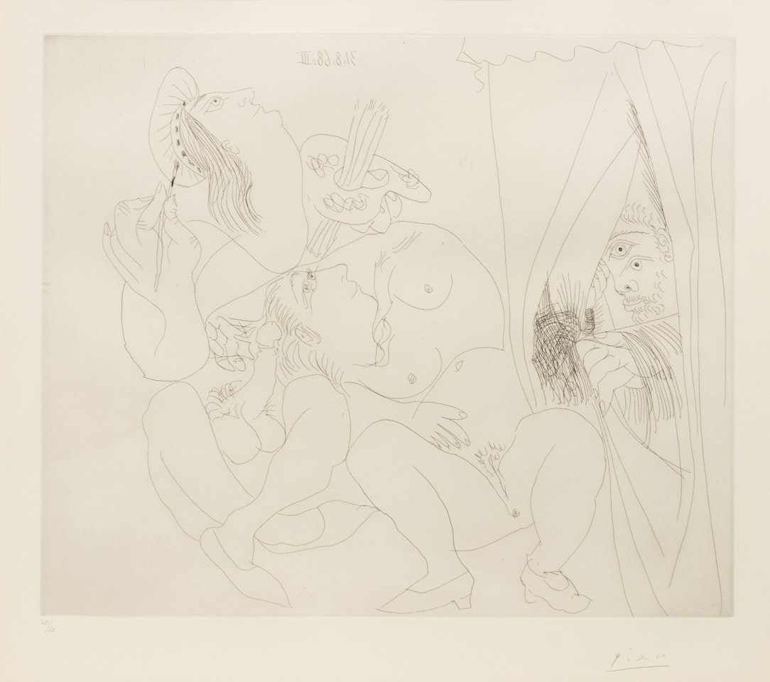 Raphaël et la Fornarina. V: Avec voyeur écartant le rideau (pl. 300 from the 347 Series) by Pablo Picasso