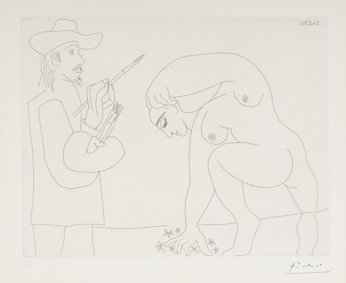 Peintre et femme cueillant des fleurs (plate 56 from Séries 156) by Pablo Picasso