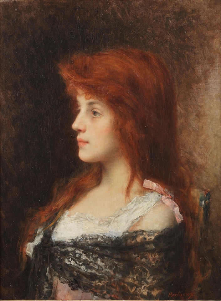 Portrait of a girl in a black lace shawl by Alexei Harlamoff