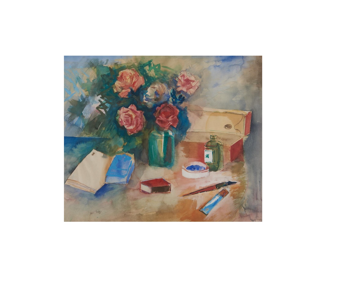 Still Life with Artist"s Tools and Vase of Roses by Jean Dufy