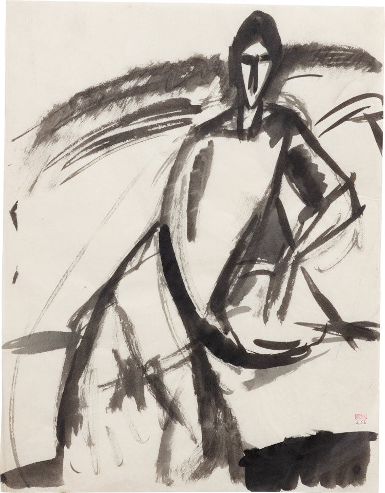 Portrait d"Adrienne debout vue de face, accoudée sur le coude gauche, le bras droit en arc de cercle by Amedeo Modigliani