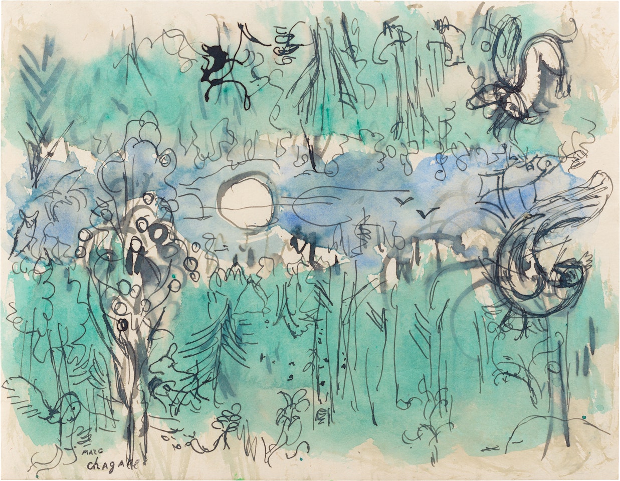 Etude pour le rideau de scène du premier acte de "L"Oiseau de Feu" de Stravinsky : La forêt enchantée by Marc Chagall