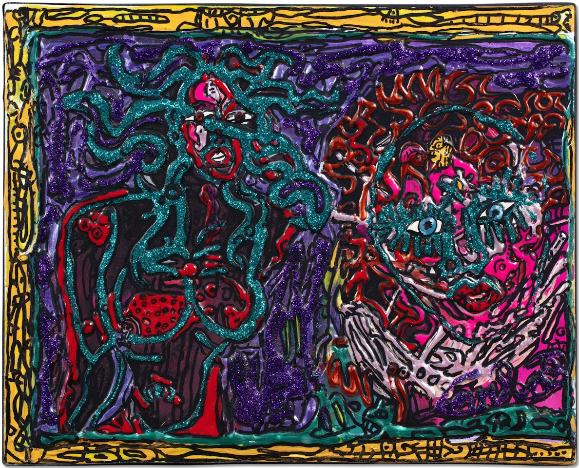 La vie est en bleu vert et rose fuschia. La vie a une grosse tête et un corps énervé qui brillent tout le temps by Robert Combas