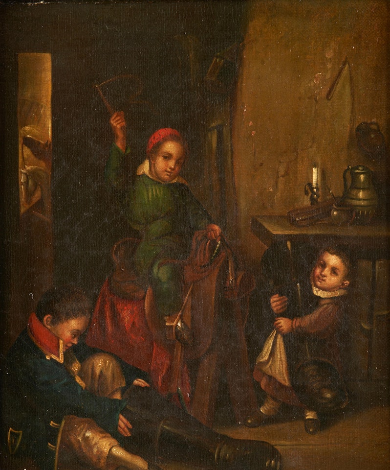 TWO GENRE SCENES; Children Playing See-Saw in a Woodland Landscape; Interior Genre Scene of Children Playing by Continental School