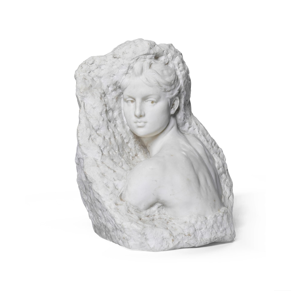Buste en haut-relief de dos en marbre de Carrare représentant Diane; A carved marble high relief back of Diana by Alfred Boucher