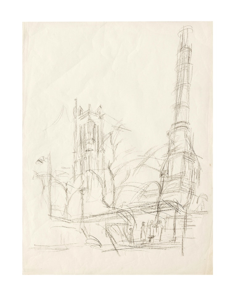 La Tour Saint-Jacques et la Colonne du Châtelet vus depuis Le Café À l'Angle du Quai de la Mégisserie , circa 1961 by Alberto Giacometti