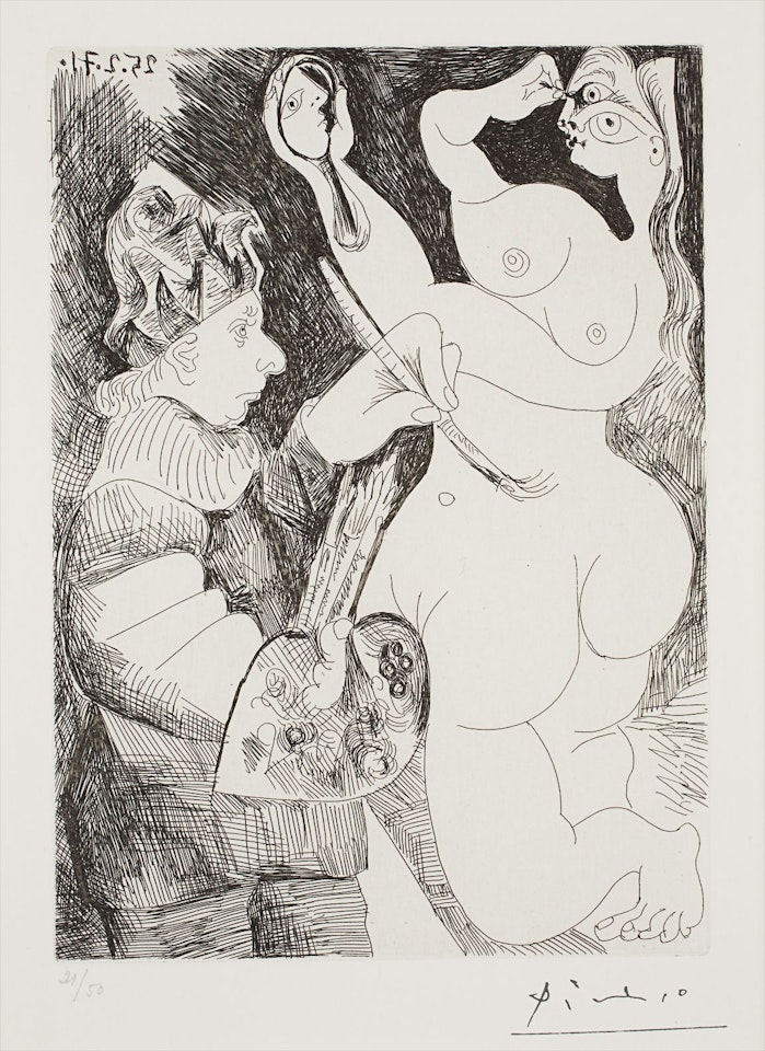 Peintre-buffon peignant sur son modèle, qui se peint les yeux, pl. 58, from 156 Series by Pablo Picasso