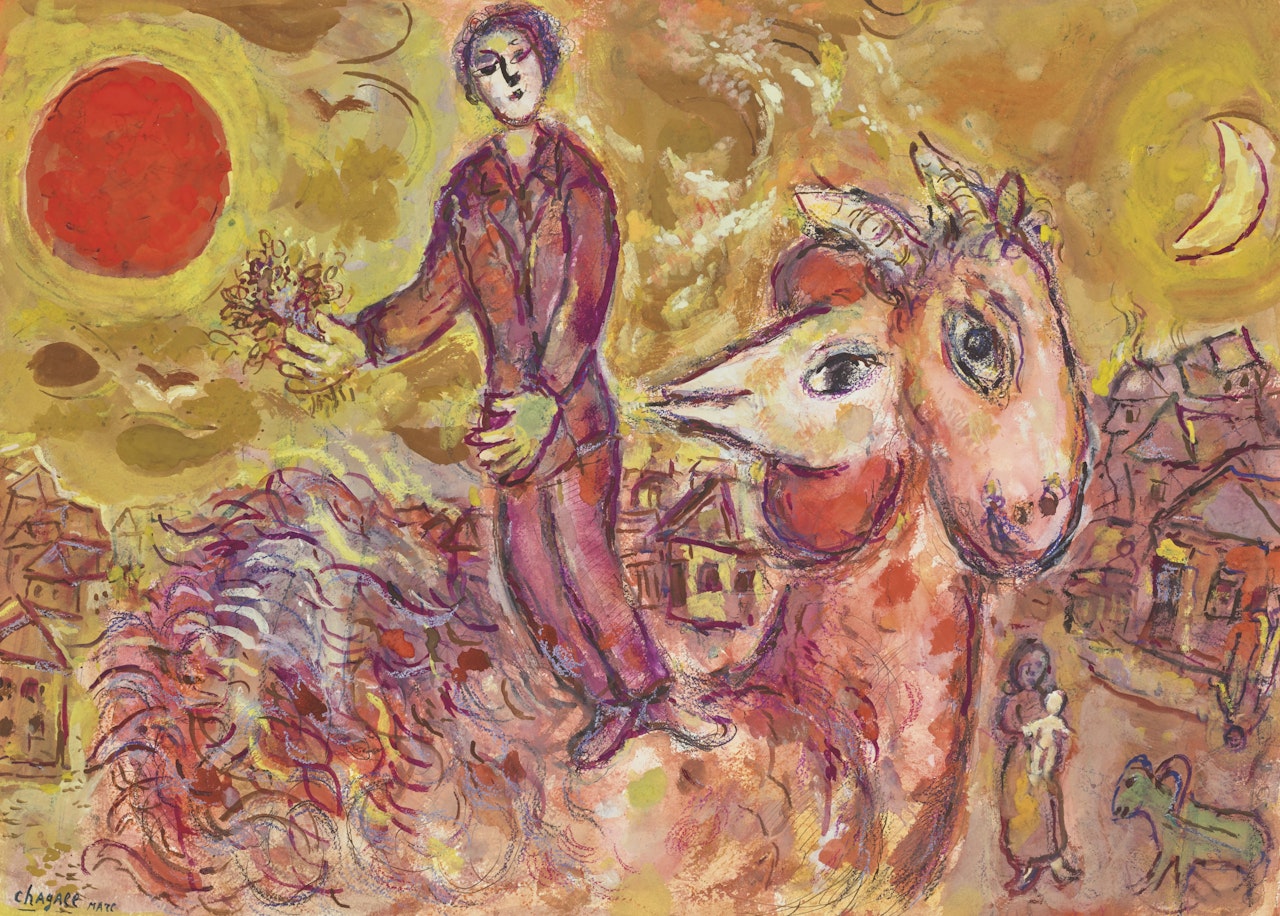 Coucher de soleil et coq au double-profil ou Le souvenir de la ville by Marc Chagall