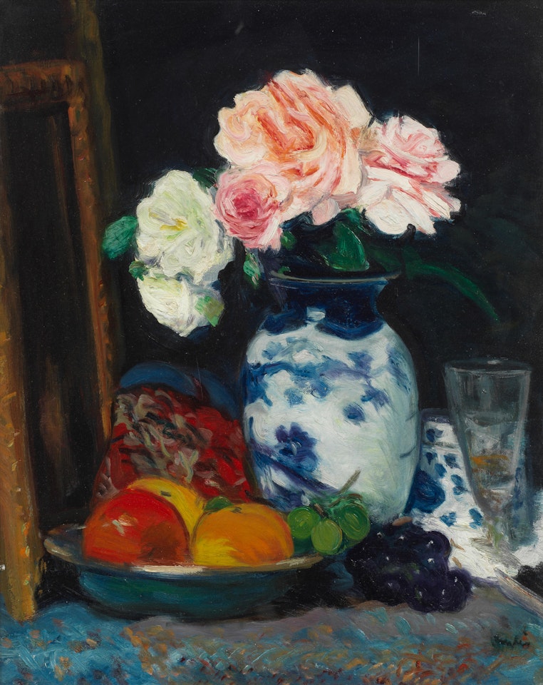 Still life with roses in a Chinese blue and white jar by George Leslie Hunter