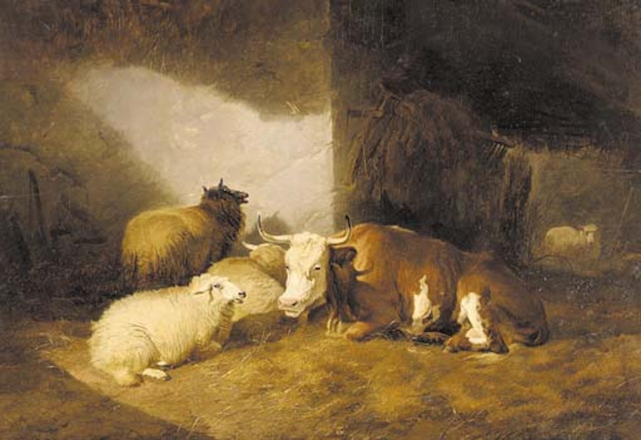 Cows and sheep in a barn by Thomas Sidney Cooper