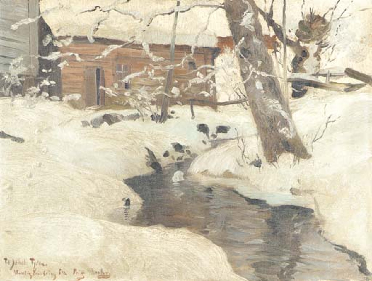 A snow-covered cottage by a stream by Fritz Thaulow