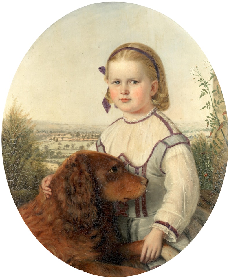 Girl with her pet dog before a landscape by Continental School