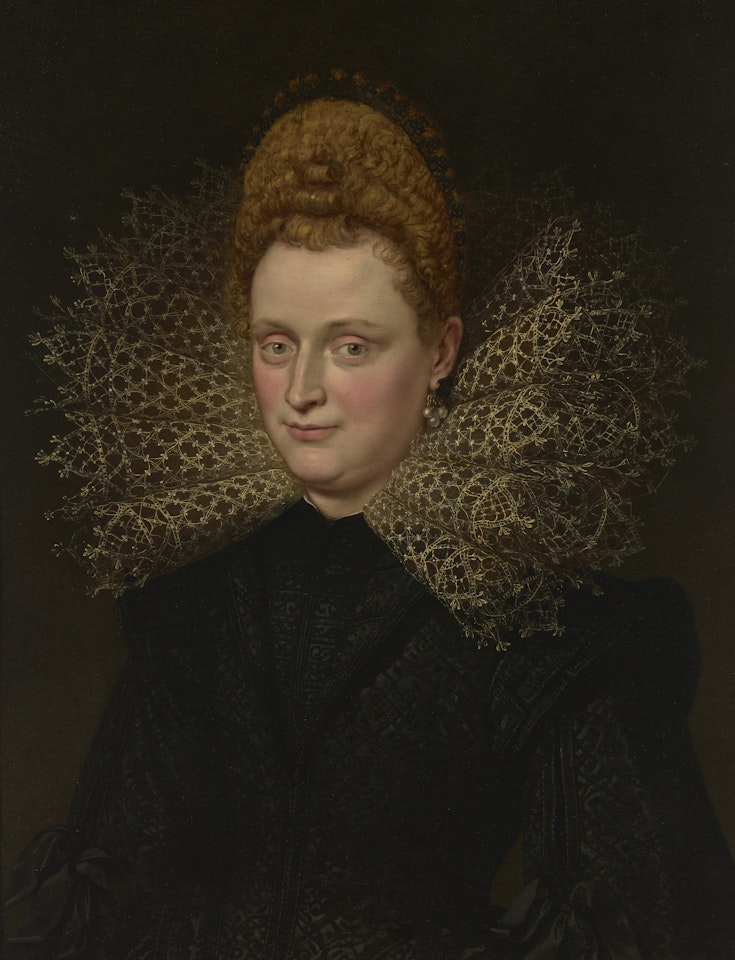 Portrait of Margherita Gonzaga, bust-length, in an embroidered black doublet and a white lace collar and pearl earrings by Peter Paul Rubens