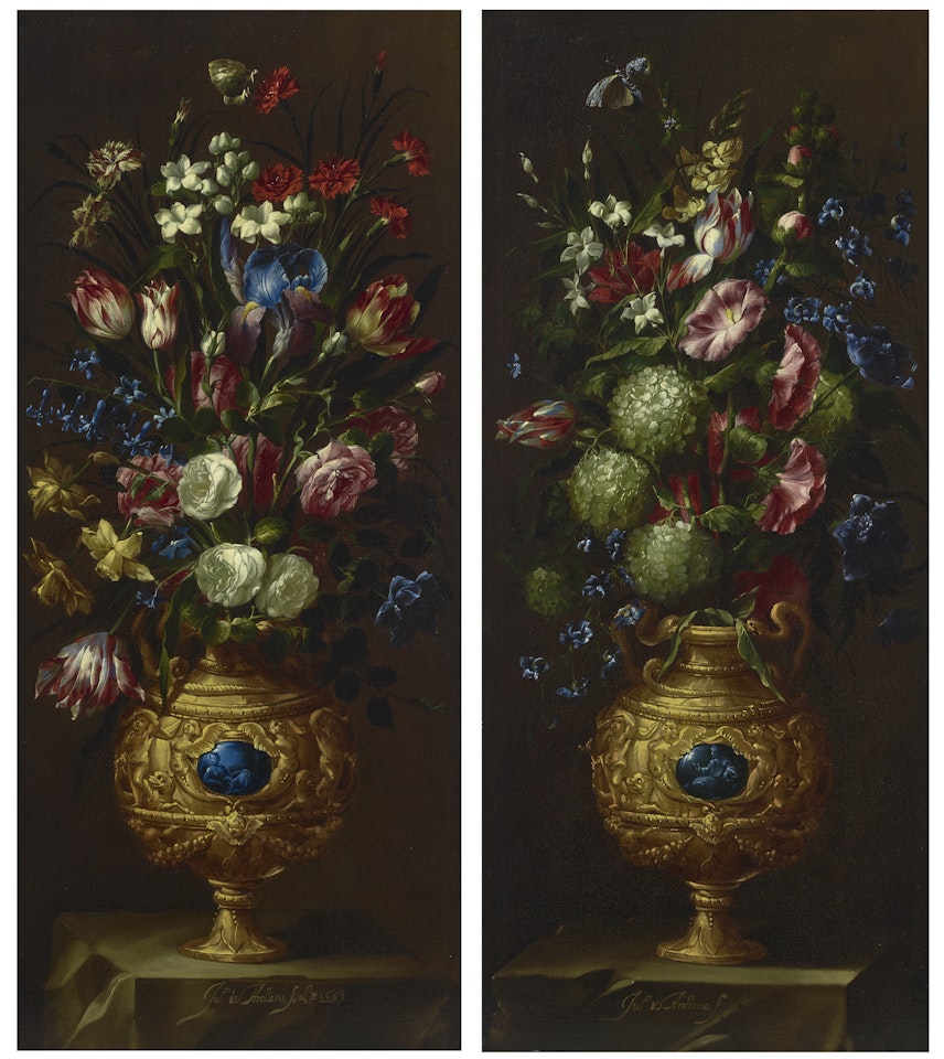 Roses, daffodils, carnations and other flowers in an urn on a stone ledge; and Hydrangeas, tulips, hollyhocks and other flowers in an urn on a stone ledge by Juan de Arellano