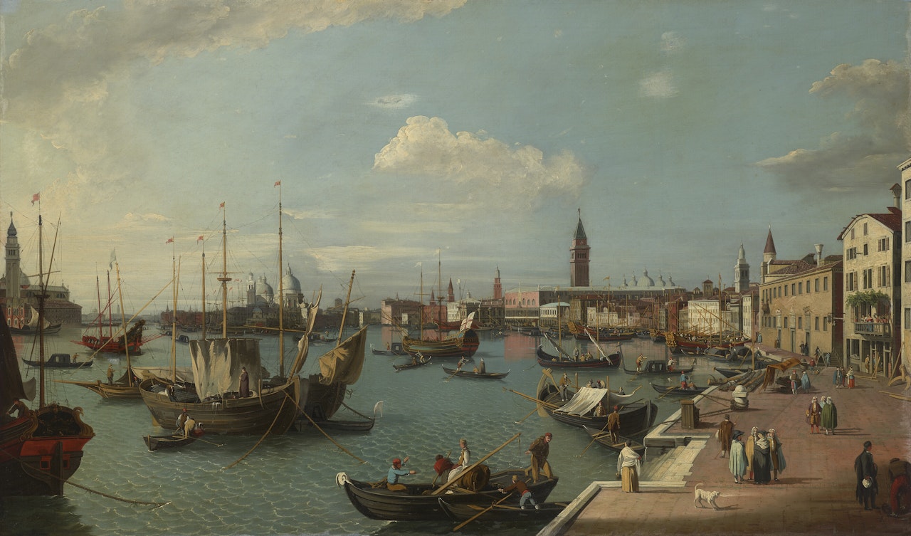 Venice: a view looking west along the Riva degli Schiavoni, with San Giorgio Maggiore, Santa Maria della Salute and the Doge"s Palace by Follower of Canaletto