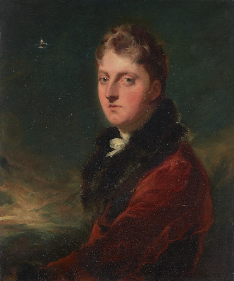 Portrait of a gentleman, traditionally identified as Master Gregory Shaw, half-length, in a red coat, in a landscape by Sir Thomas Lawrence