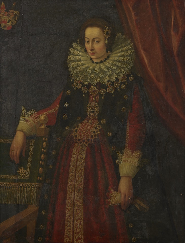 Portrait of a lady, three quarter length, with an elaborate lace ruff, resting her arm on a chair by Florentine School