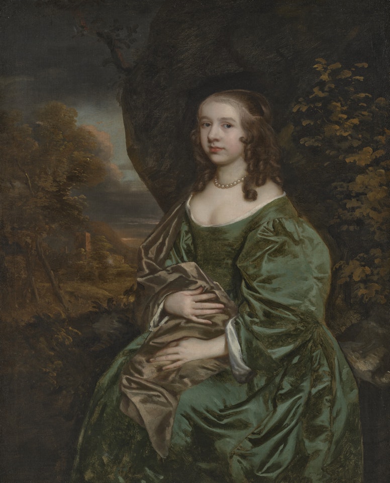 Portrait of Lady Sybil Wyrley (1624-1687), née Masters, three-quarter-length, seated, in a green gown, a wooded landscape beyond by Sir Peter Lely