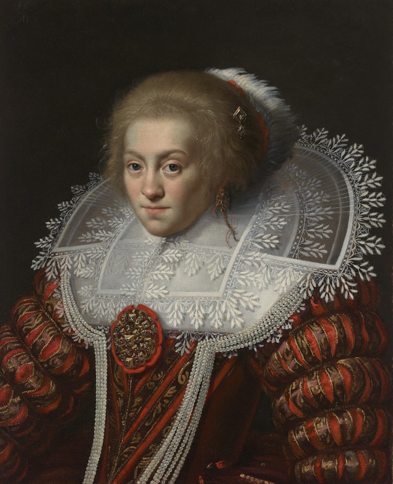 Portrait of a lady, half-length, in a red gown with paned virago sleeves and a fine linen, lace-trimmed standing collar by Paulus Moreelse