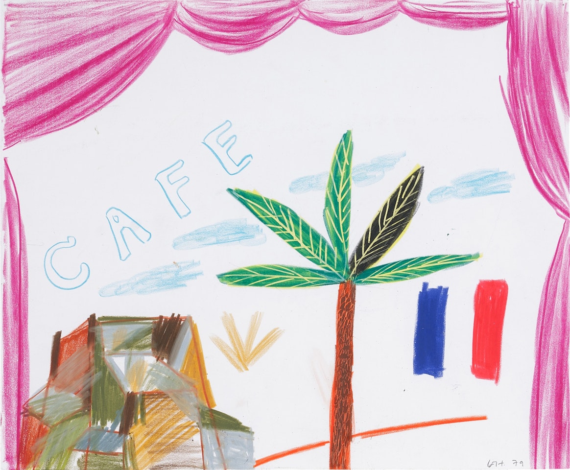 Café with Palm Tree and Clouds Surrounded by a Curtain by David Hockney