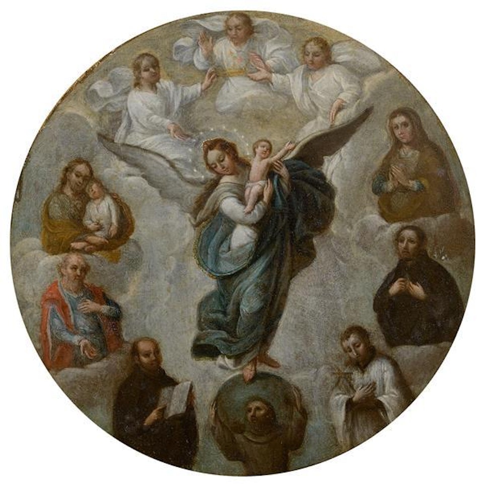 THE VIRGIN OF THE APOCALYPSE SURROUNDED BY SAINTS AND ANGELS IN A GILT FRAME DECORATED WITH FLOWERS AND SERAPHIM; THE VIRGIN OF THE APOCALYPSE by Mexican School