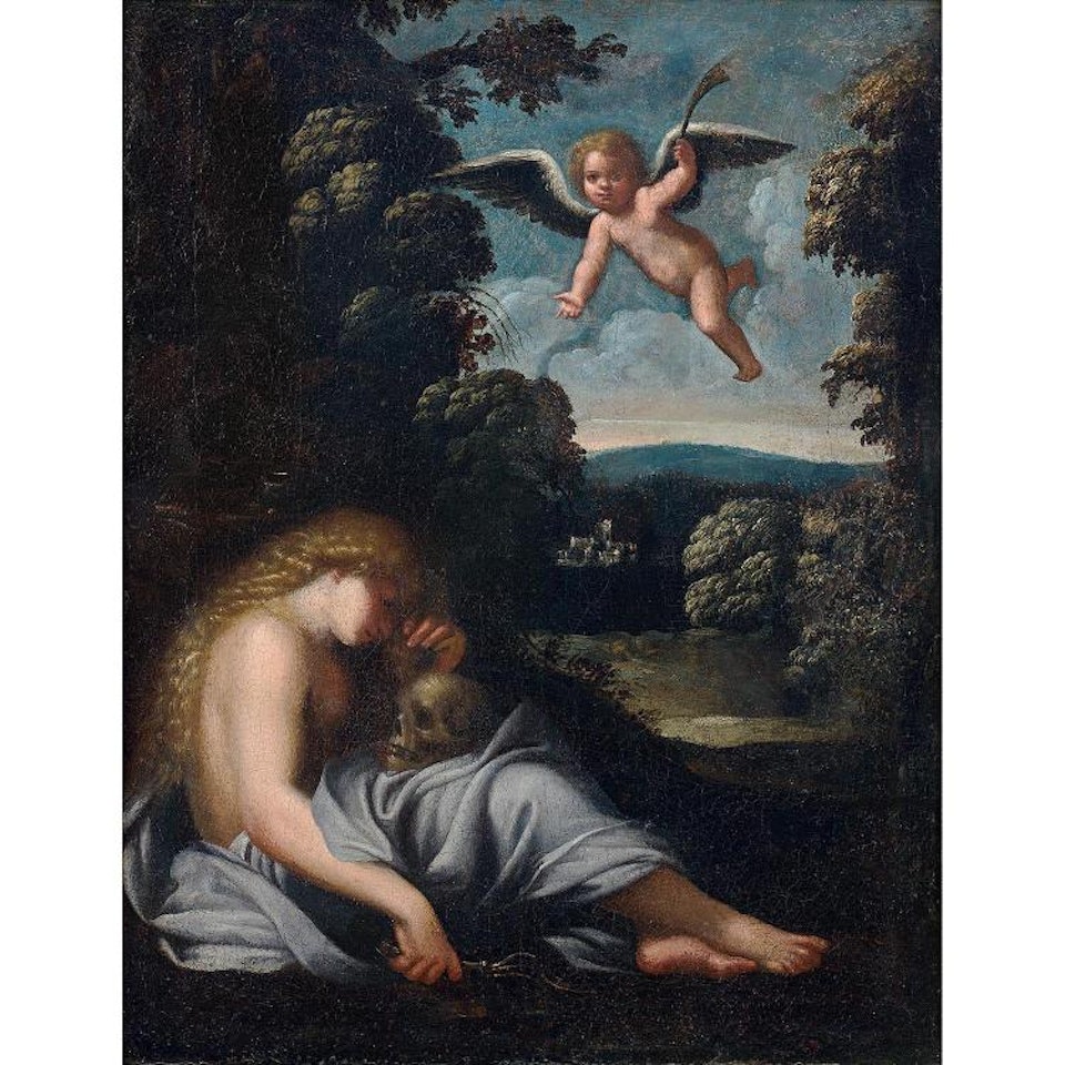 Madeleine repenting in a landscape; MADELEINE REPENTANTE DANS UN PAYSAGE by BOLOGNESE SCHOOL